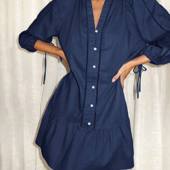 Navy Blue Cute Women's Linen Ruffle Hem Dress - Picture 3 of 4